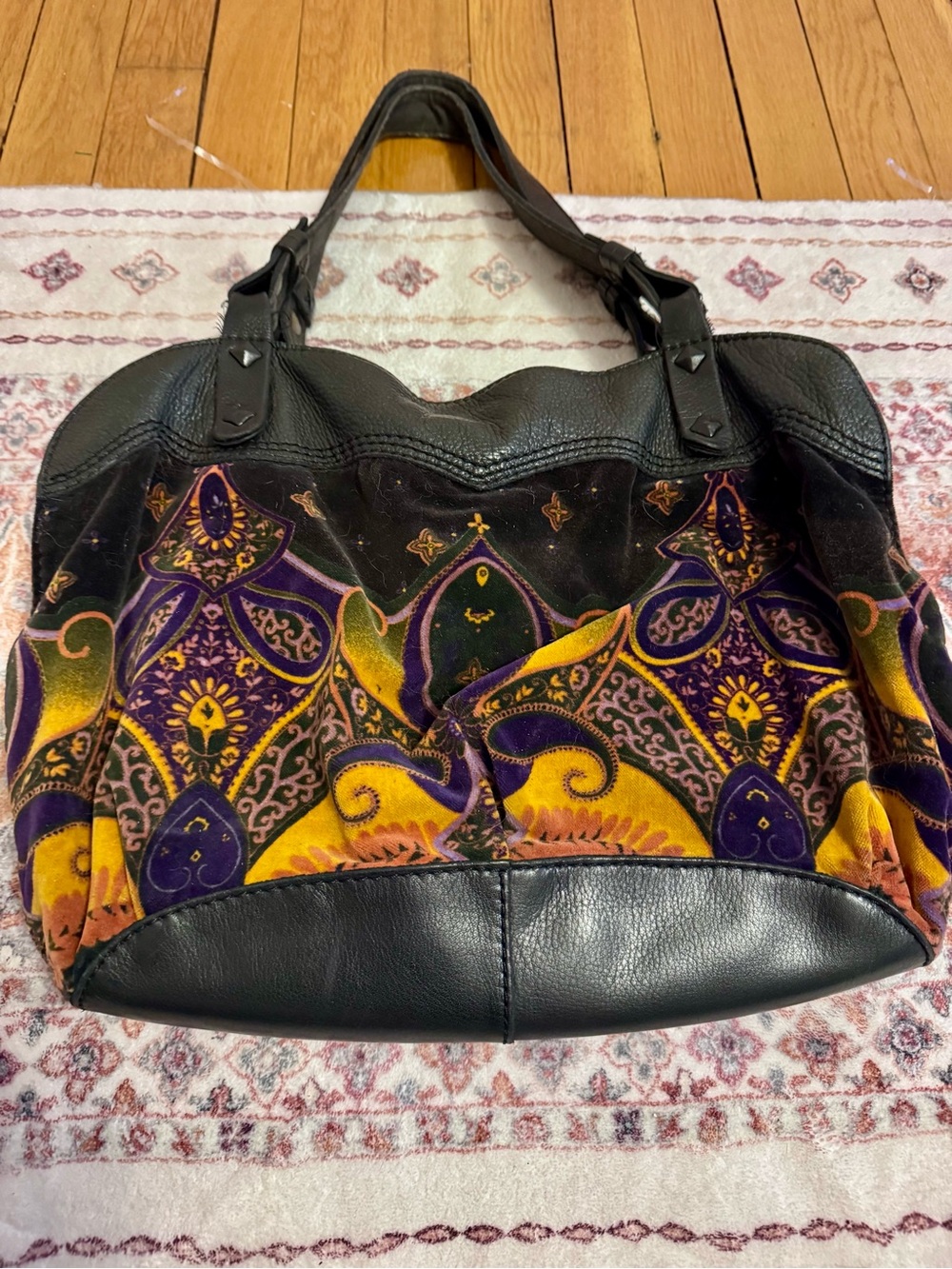 Lucky Brand Black Leather Shoulder Bag with Purple and Yellow Pattern - Picture 3 of 8